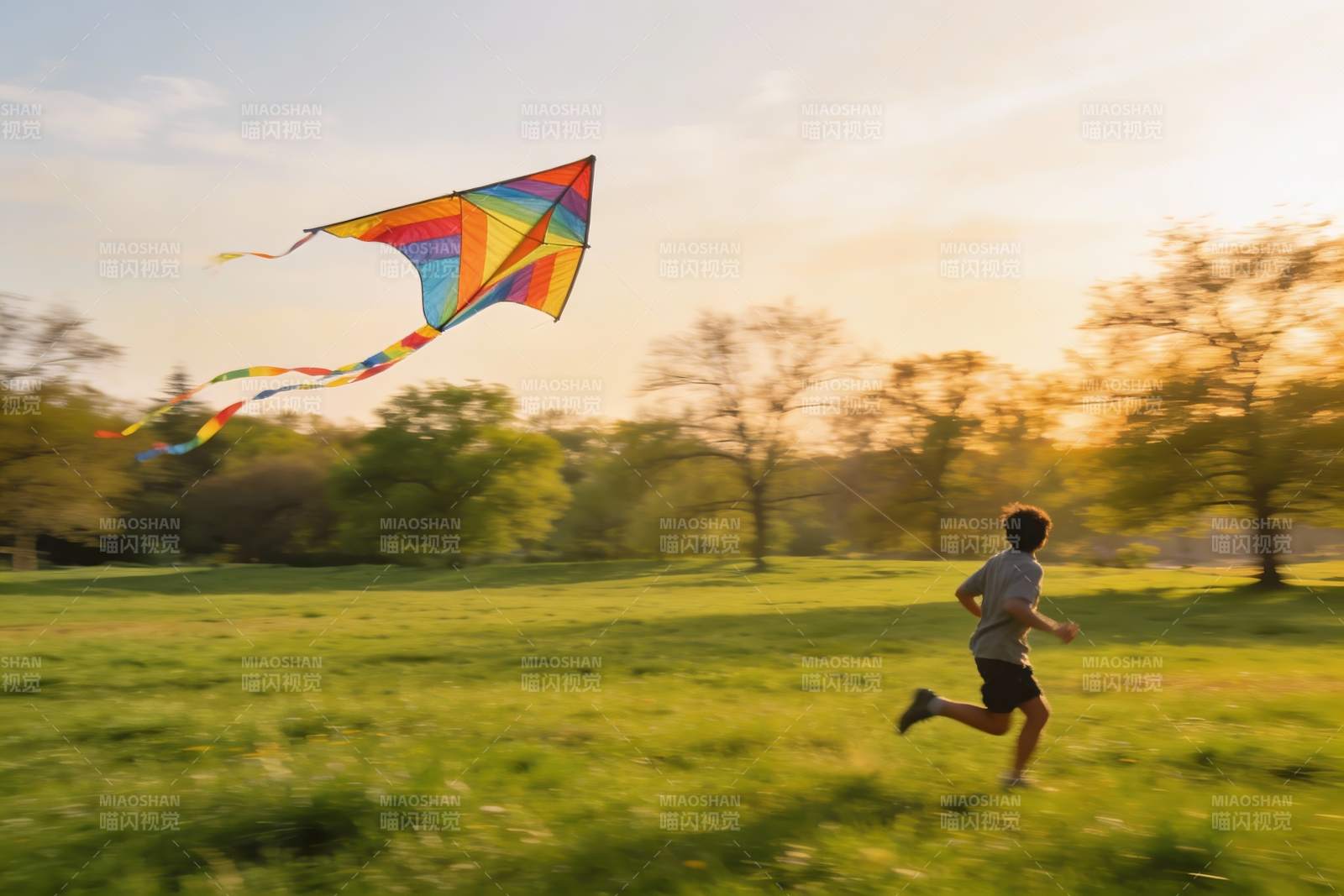 少年奔跑放飞彩色风筝图片
