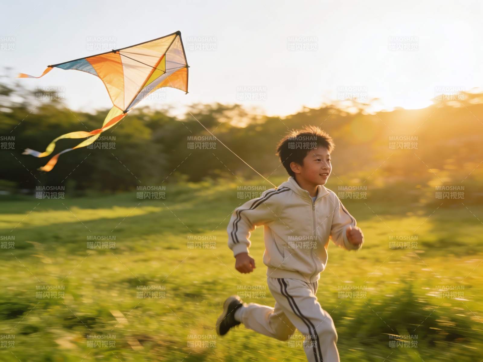 小男孩草地上放风筝图片