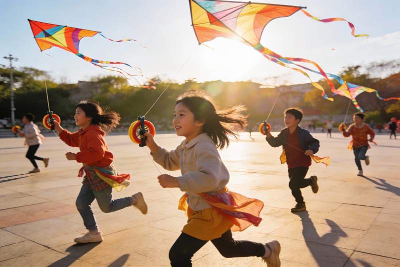 孩子们户外放风筝欢乐奔跑图片