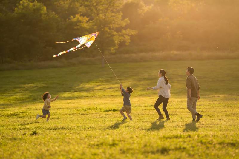 一家四口草地上放风筝图片