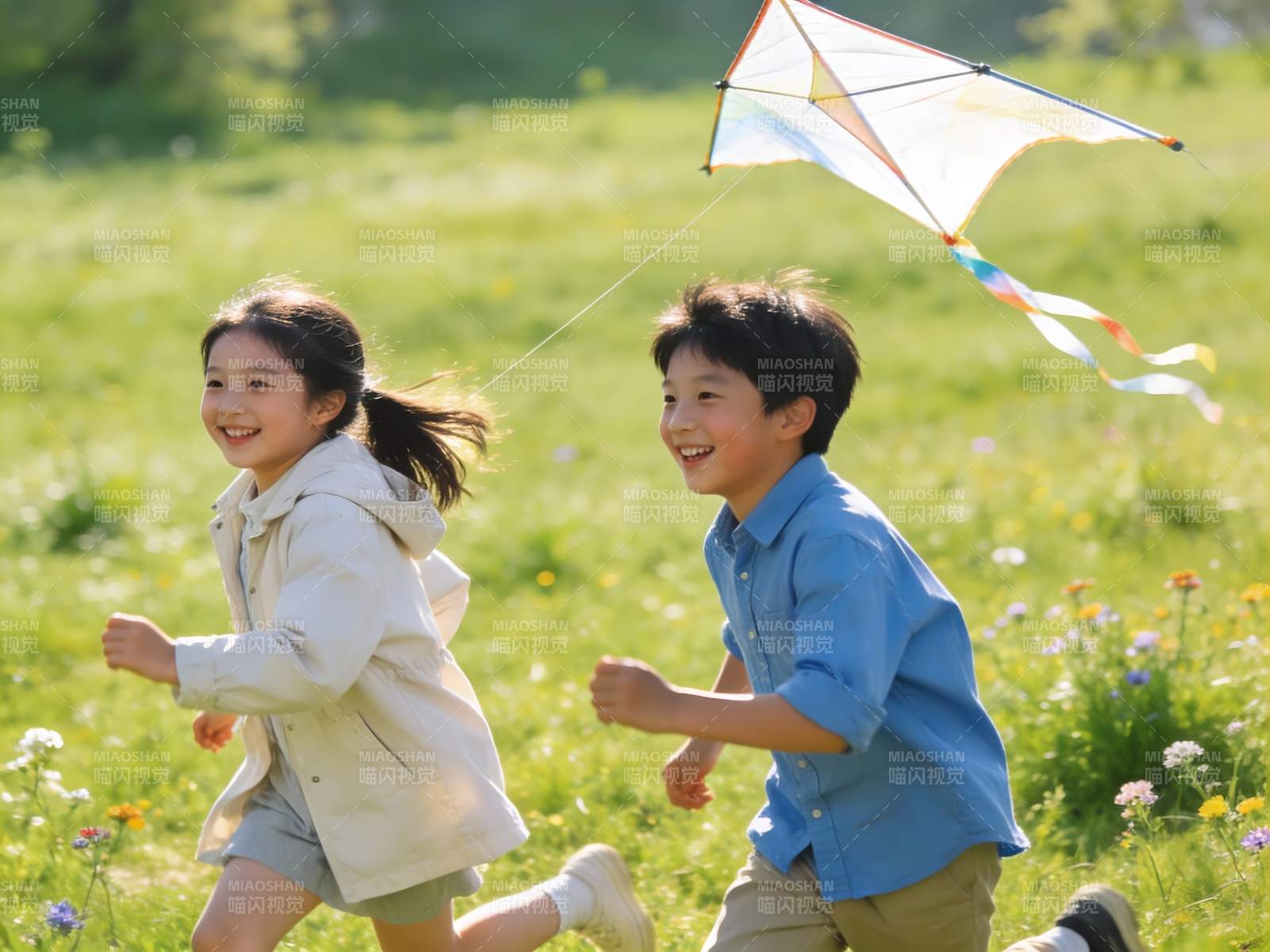 儿童草地上放风筝欢乐奔跑图片