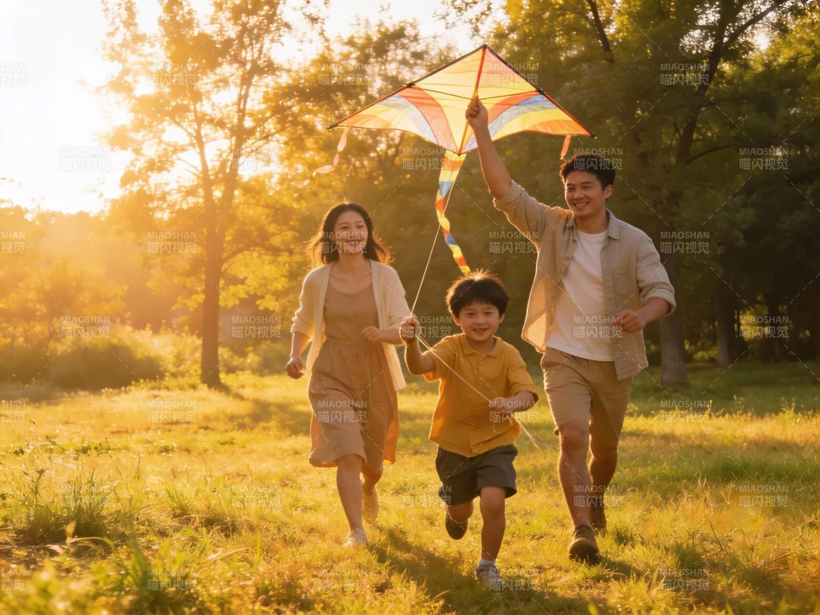 一家三口户外放风筝欢乐奔跑图片