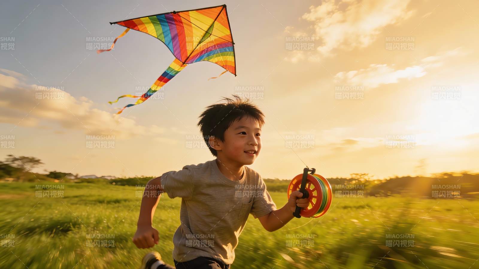 小男孩田野放风筝图片