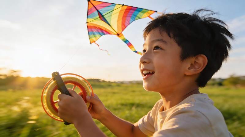 小男孩户外放风筝图片