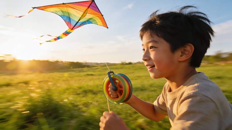 小男孩户外放风筝图片
