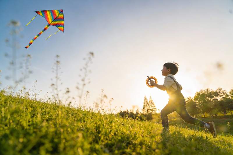 孩童草地上放风筝图片
