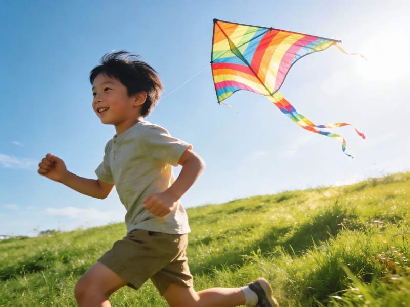 小男孩草地上放风筝图片