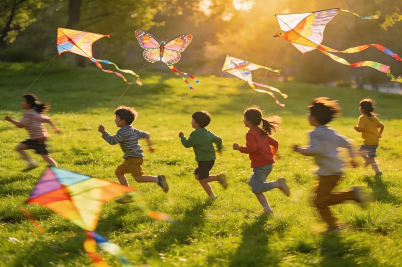 孩子们草地上放风筝图片