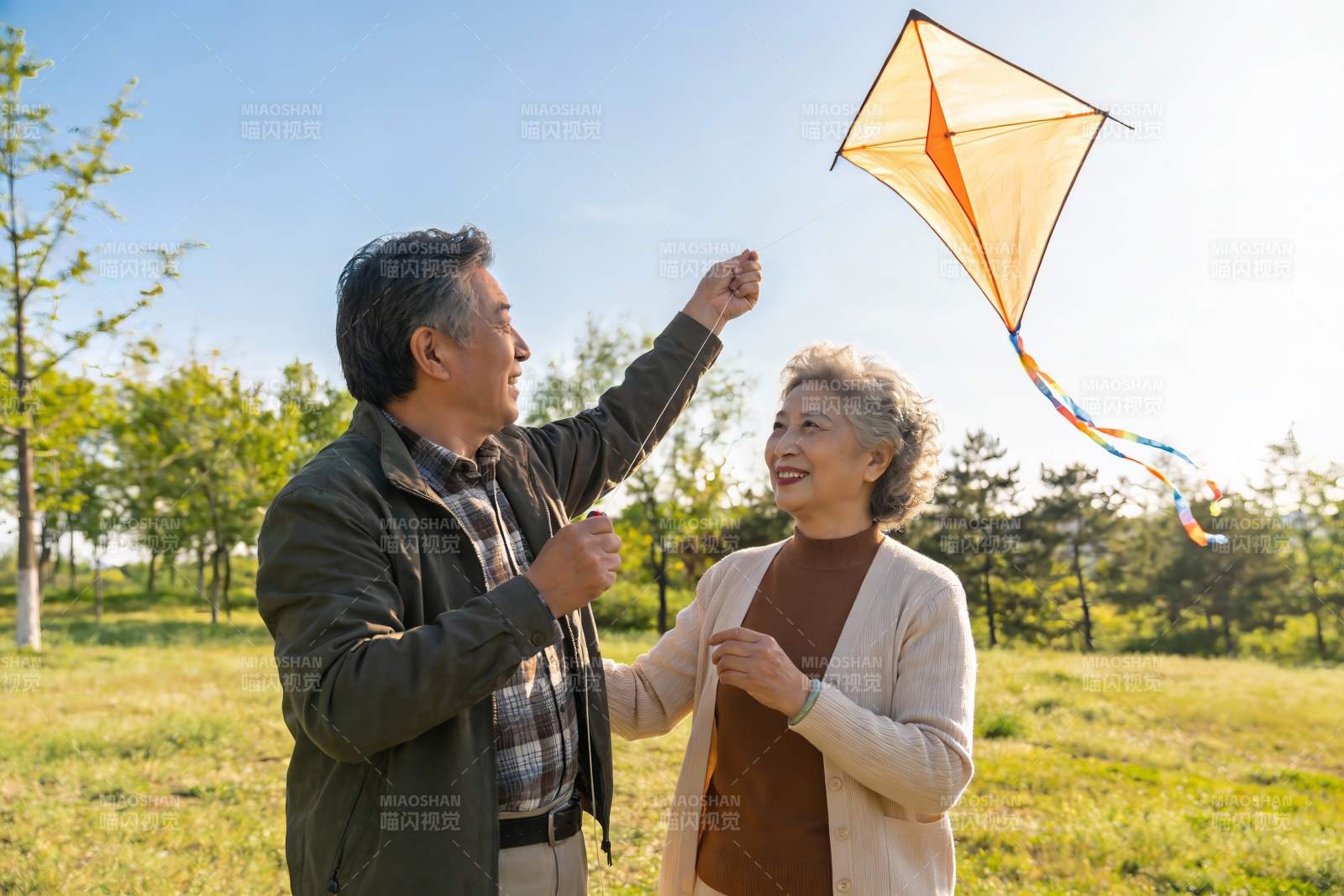老年夫妇户外放风筝欢乐场景图片