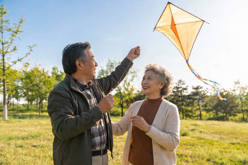 老年夫妇户外放风筝欢乐场景图片