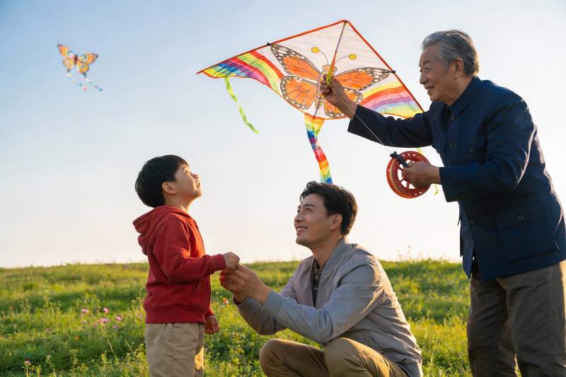 三代人户外放风筝其乐融融图片