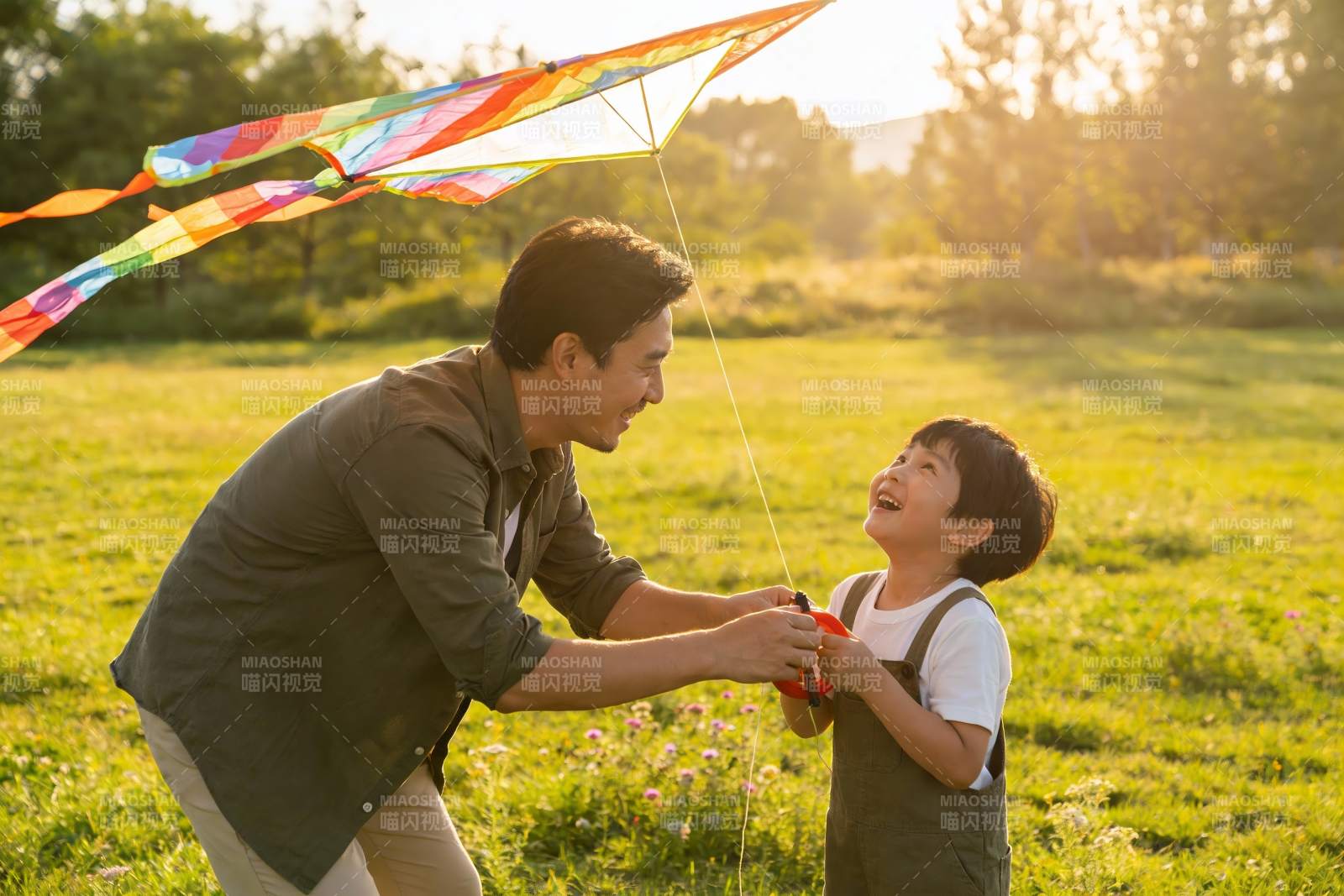 父子草地上放风筝其乐融融图片