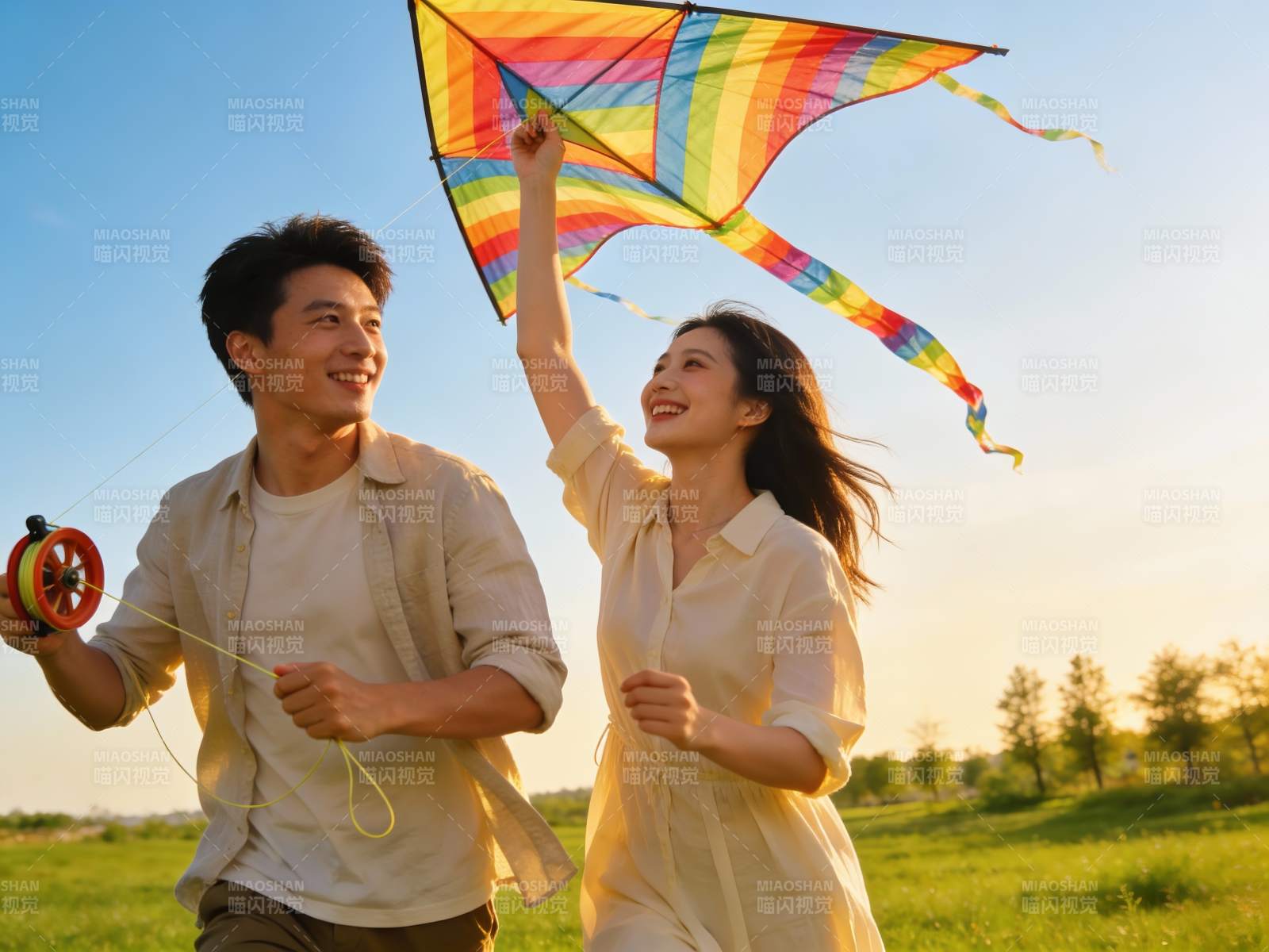 情侣户外放风筝欢乐场景图片