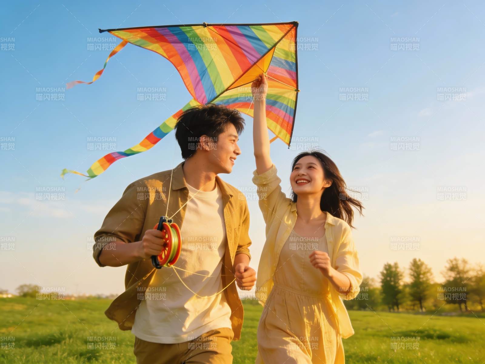 情侣草地上放风筝图片