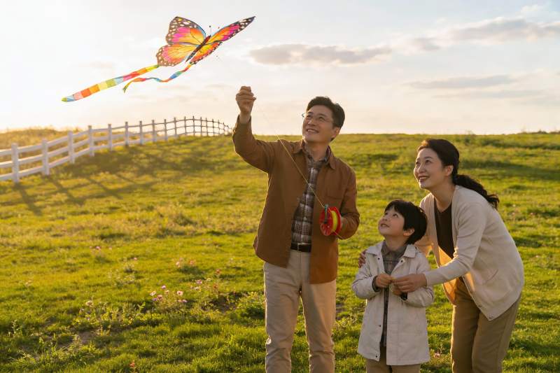 一家三口户外放风筝图片