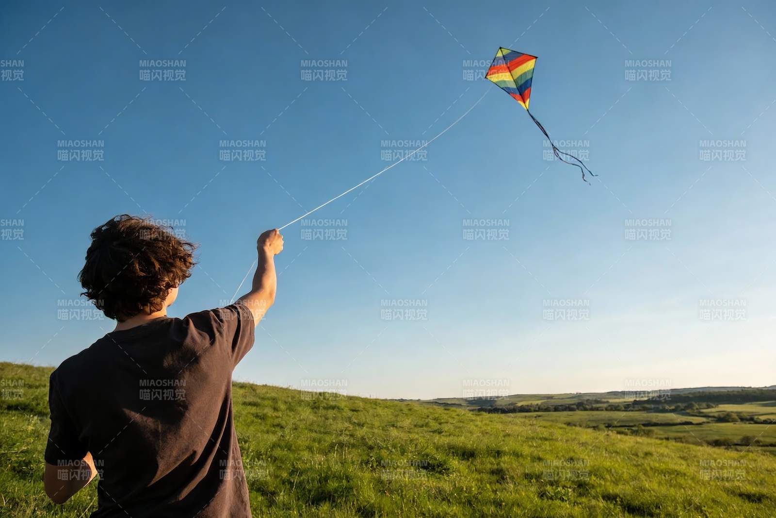 少年放飞彩色风筝图片