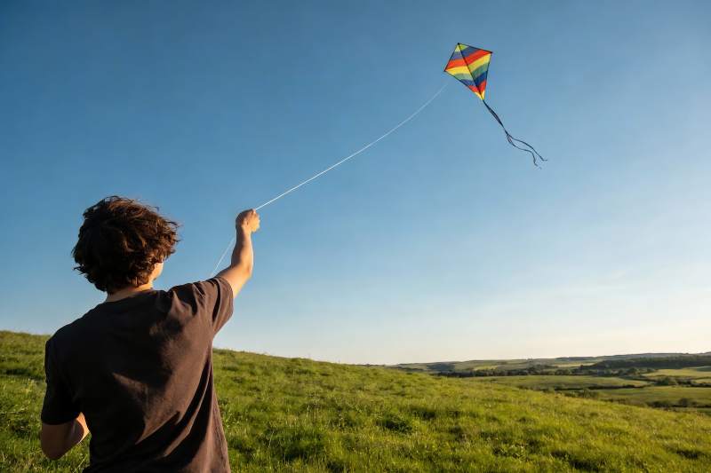 少年放飞彩色风筝图片