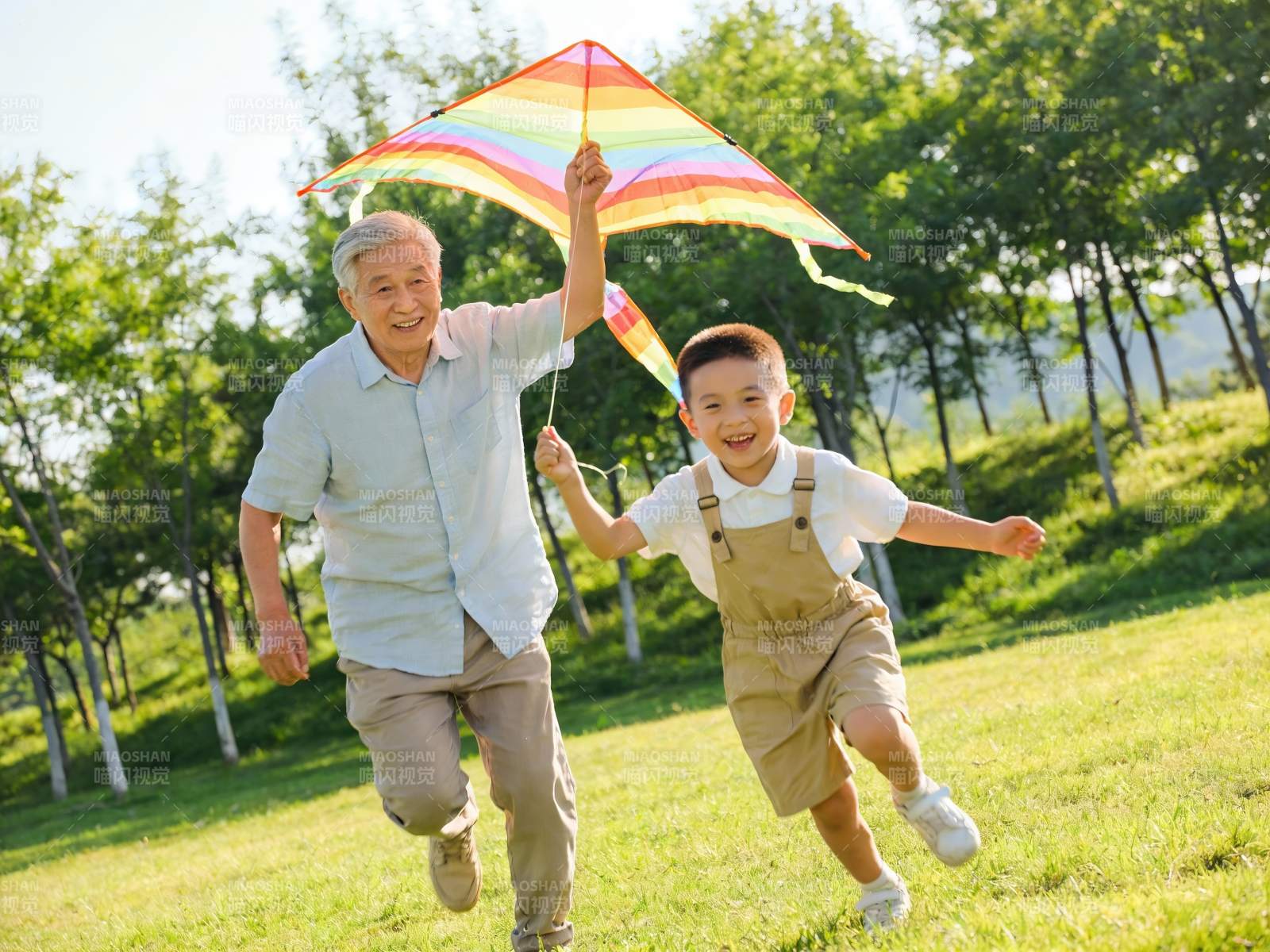 爷孙户外放风筝欢乐奔跑图片