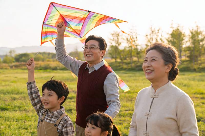 三代同堂户外放风筝其乐融融图片