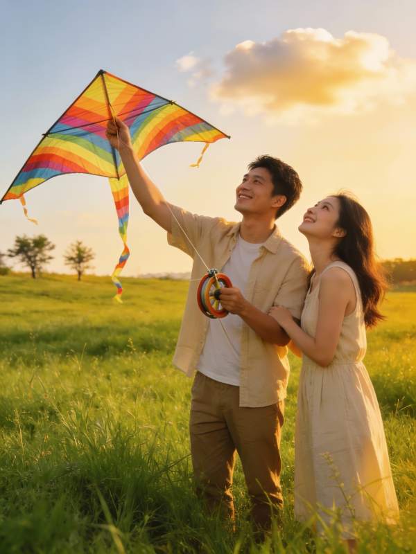 情侣草地上放风筝图片