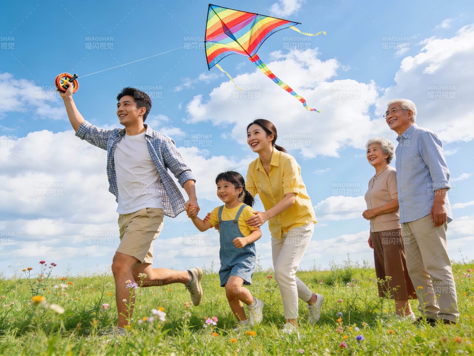 三代同堂户外放风筝图片