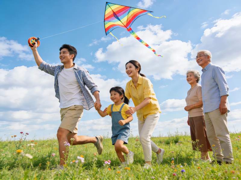 三代同堂户外放风筝图片