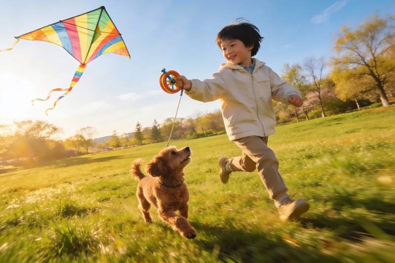 小男孩草地放风筝牵狗奔跑图片