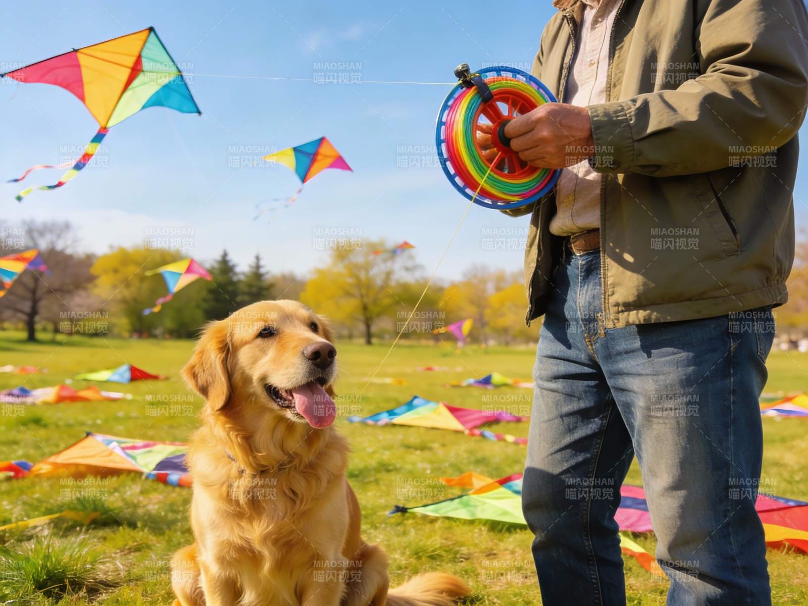 老人与金毛犬放风筝图片