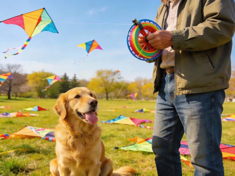 老人与金毛犬放风筝图片