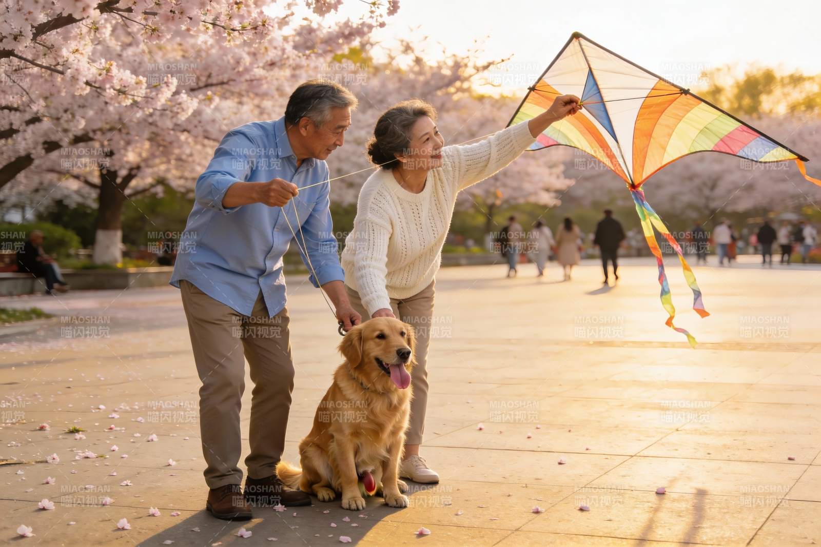 老人公园放风筝与宠物狗图片