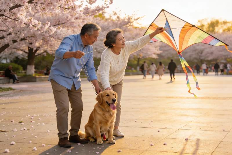 老人公园放风筝与宠物狗图片