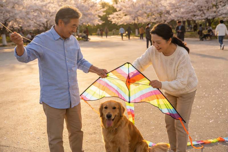 公园放风筝的老人与狗图片