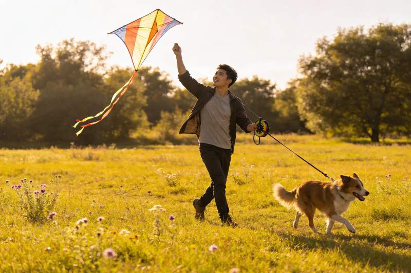 男子草地放风筝牵狗图片