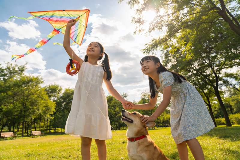 姐妹放风筝与狗狗互动图片