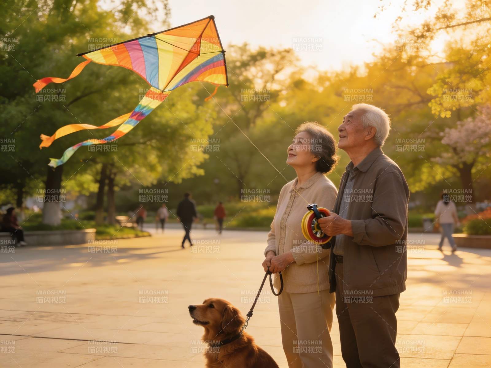 老年夫妇公园放风筝遛狗图片