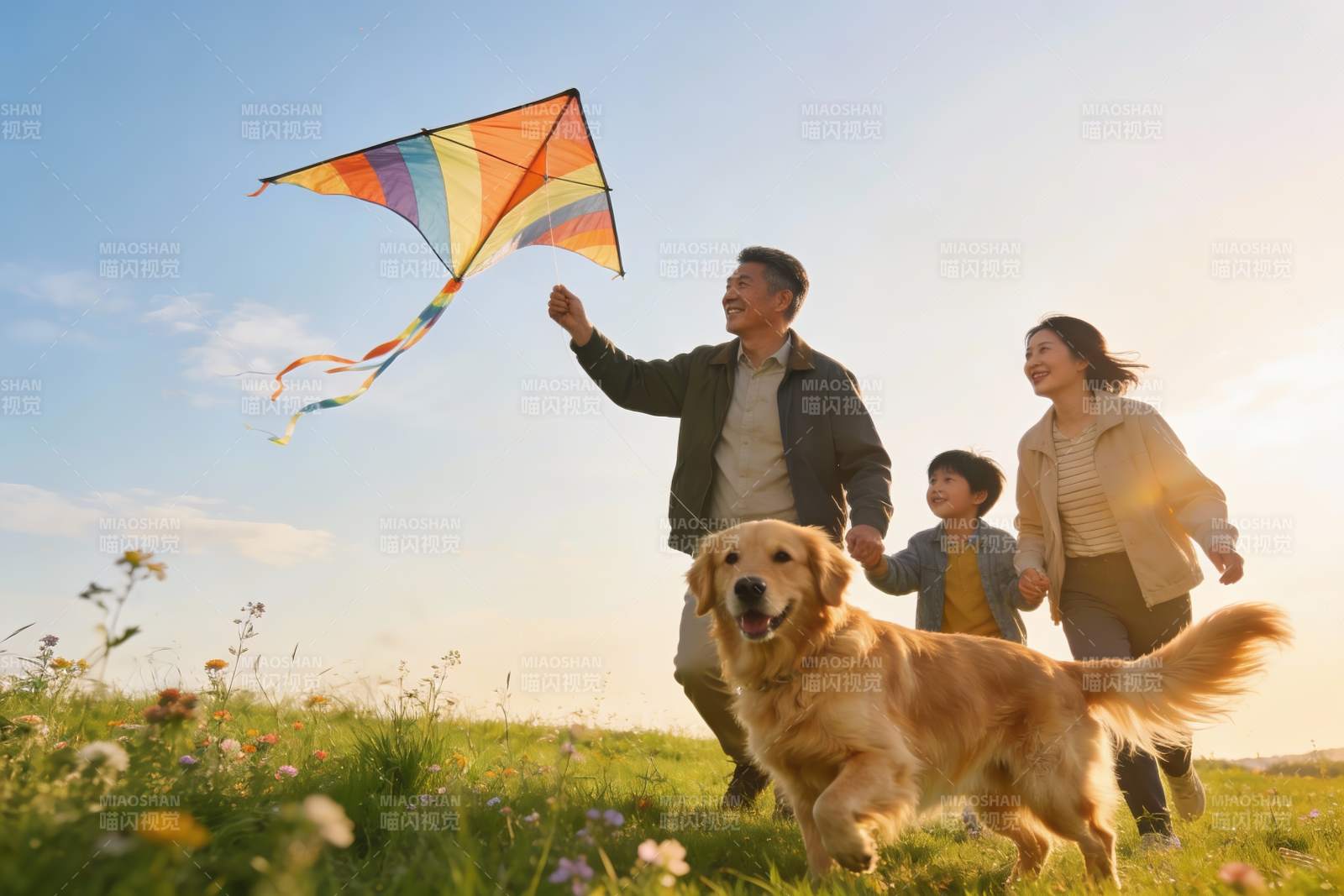 家庭户外放风筝与宠物狗图片