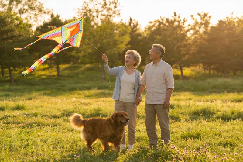 老年夫妇公园放风筝与宠物狗图片
