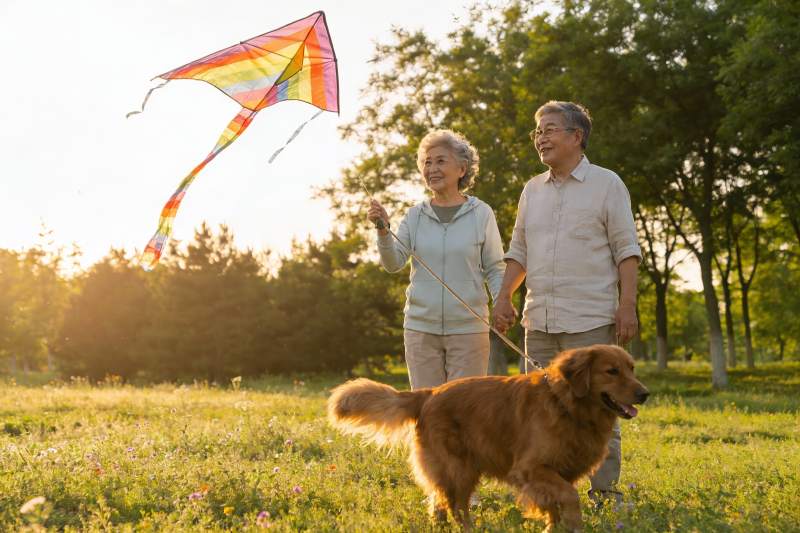 老年夫妇放风筝遛狗图片