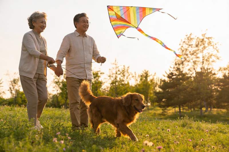 老年夫妇放风筝遛狗图片