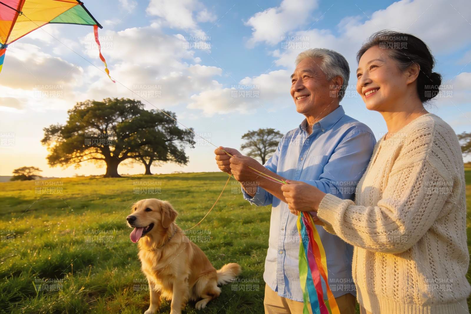 老夫妇与金毛犬放风筝图片