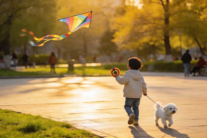 孩童放风筝遛狗的秋日午后图片