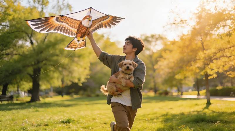 男子公园放鹰风筝抱狗图片