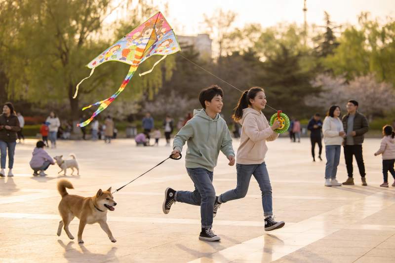 公园放风筝遛狗欢乐场景图片