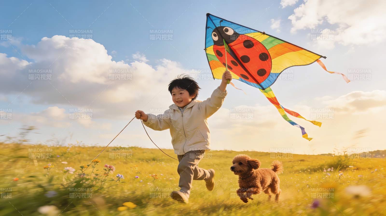 孩童放飞瓢虫风筝田野奔跑图片