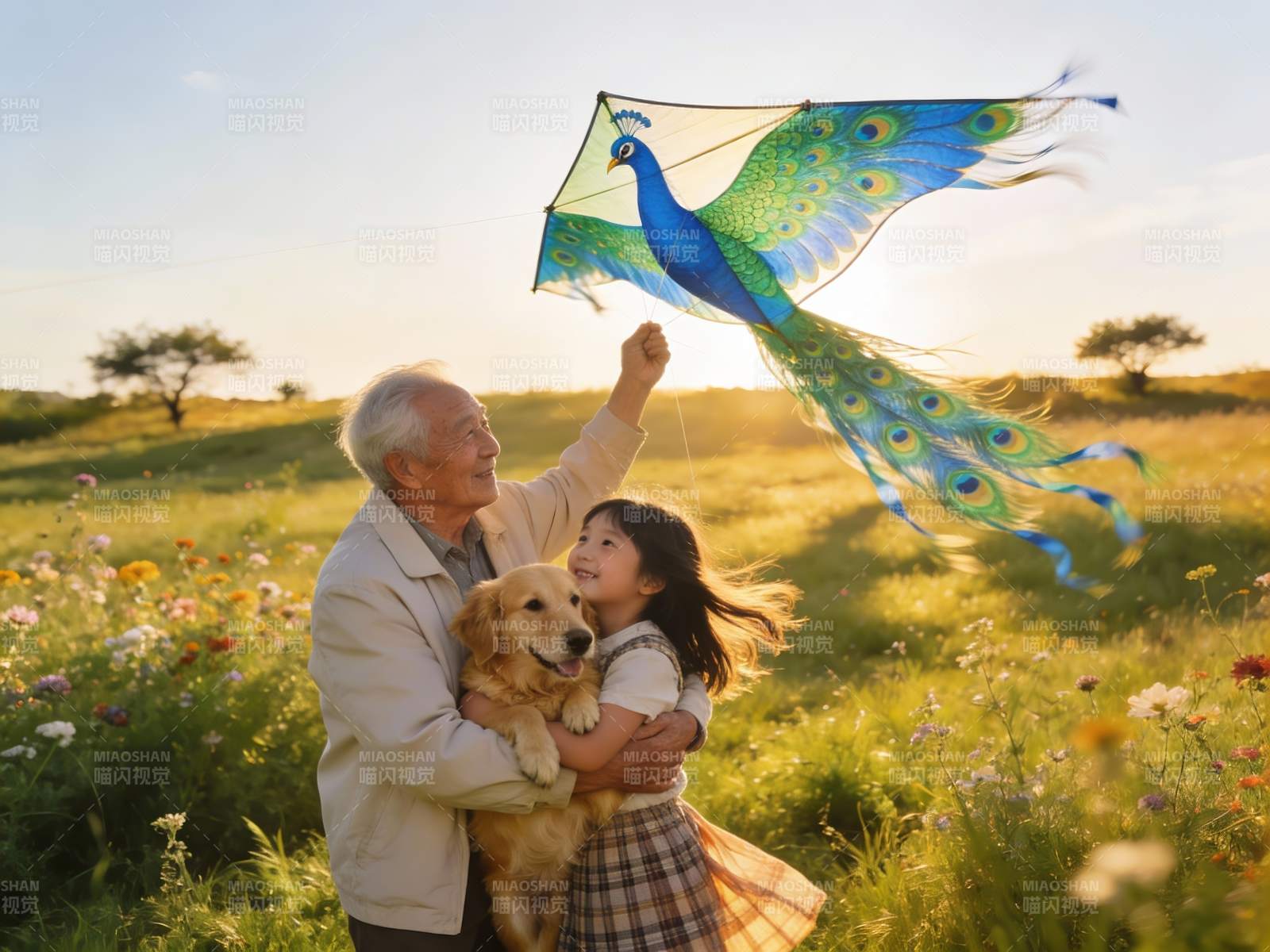 老人女孩与狗放孔雀风筝图片