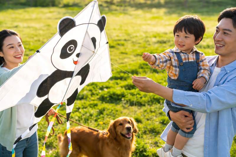 家庭户外放风筝欢乐场景图片