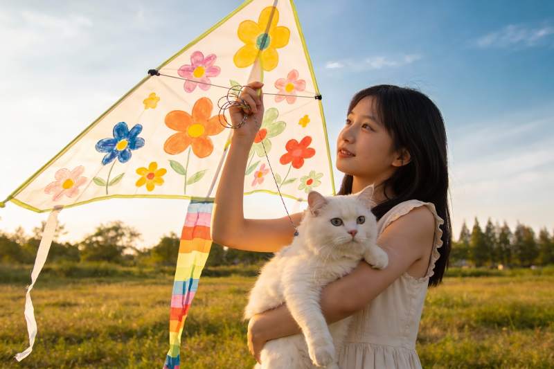 少女草地放风筝抱白猫图片