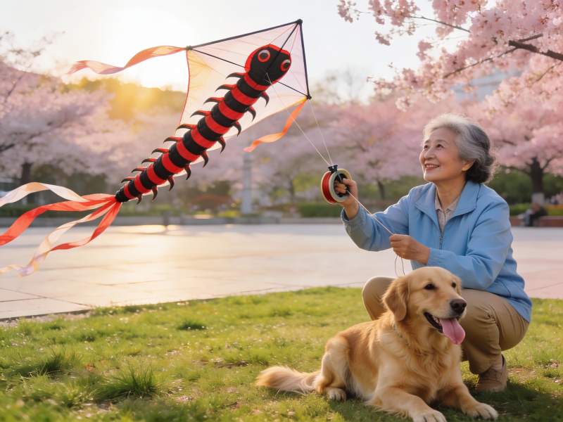 老人放风筝与狗相伴图片