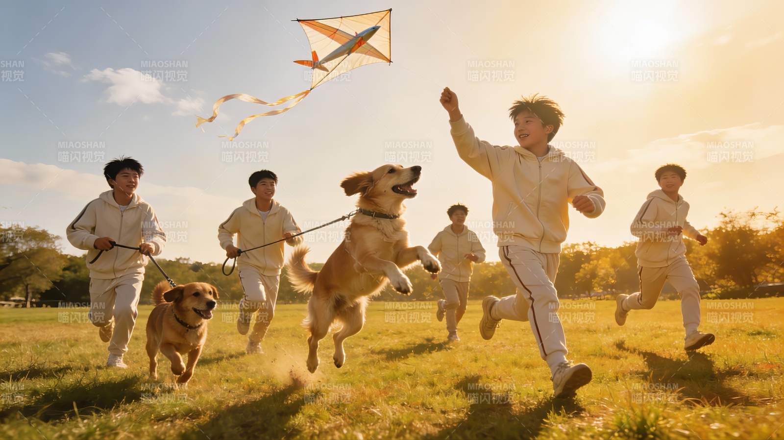 少年奔跑放飞风筝与狗狗图片