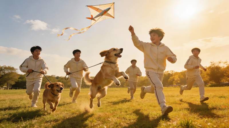 少年奔跑放飞风筝与狗狗图片